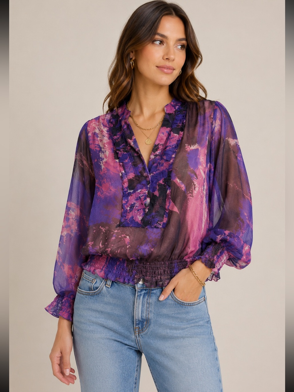 Sheer Abstract Print Blouse in Purple and Pink by Blue Velvet